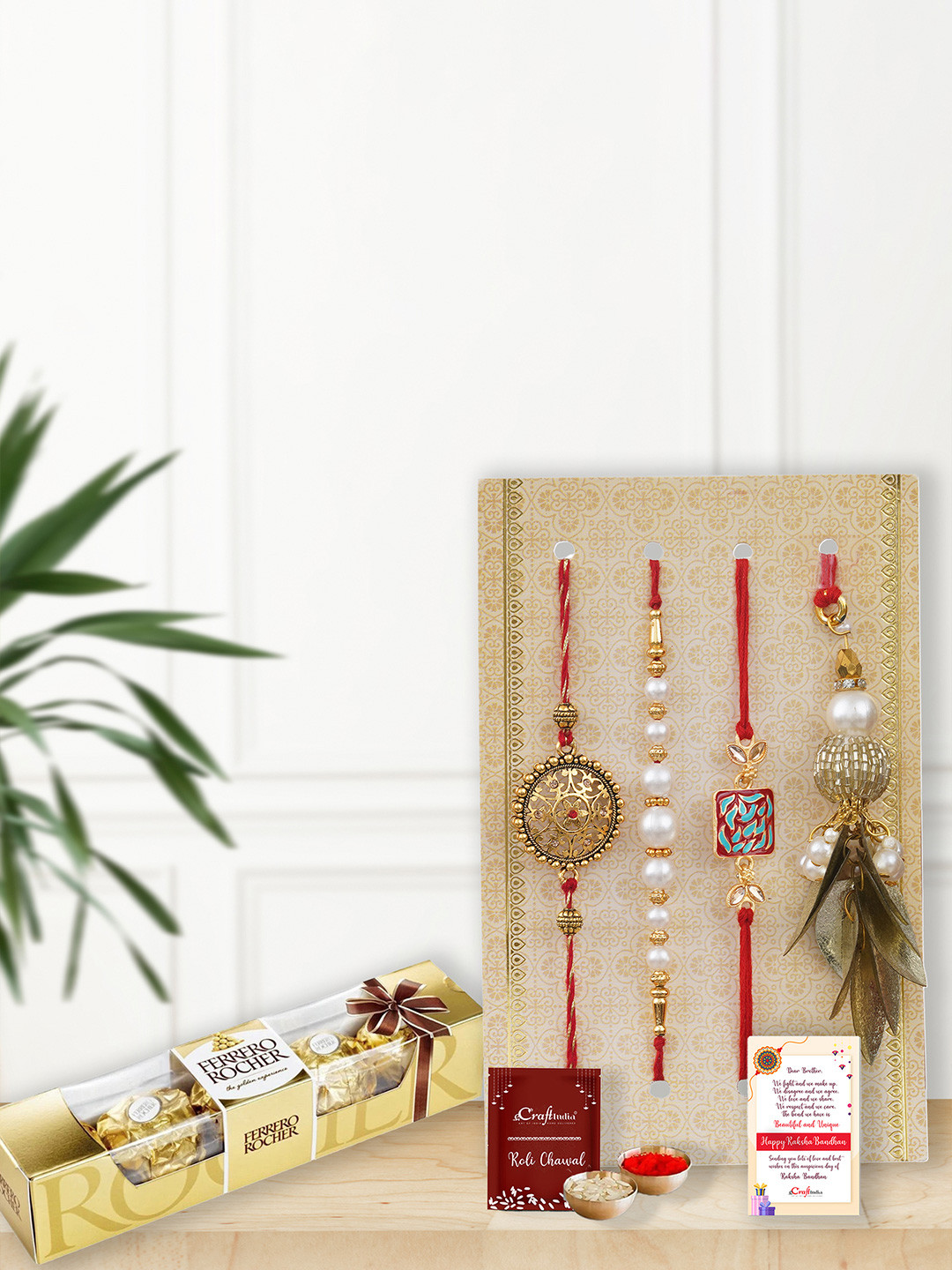 eCraftIndia Set of 4 Floral & Diamonds Lumba Designer Rakhis With Ferrero Rocher