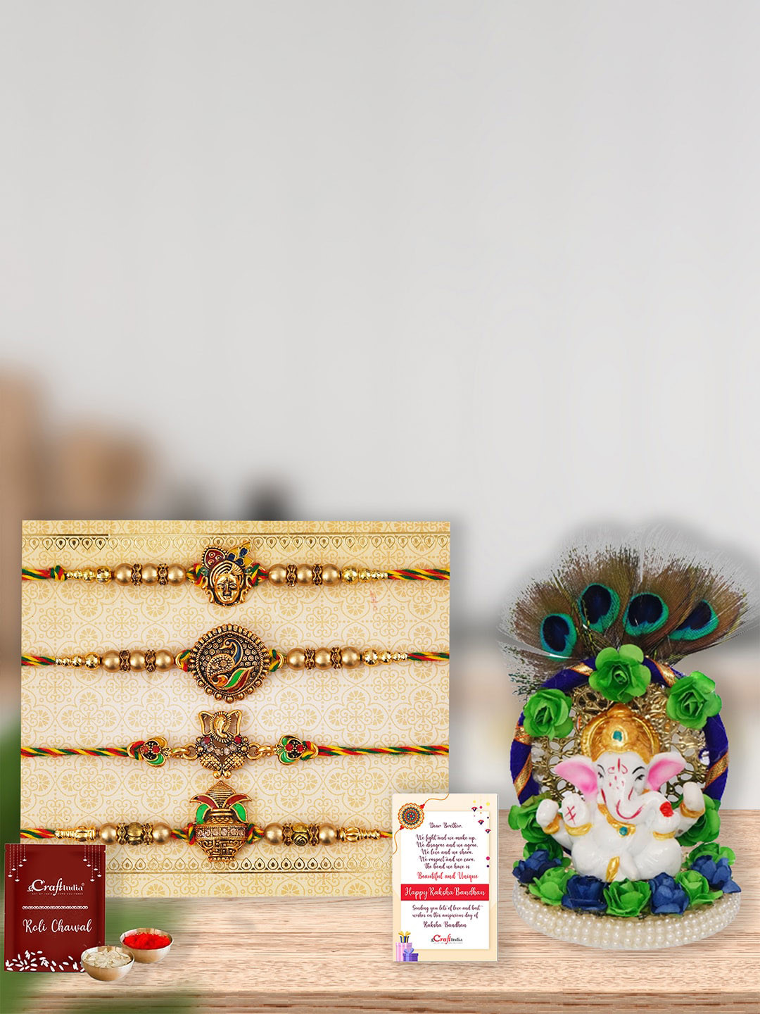 eCraftIndia Set Of 4 Designer Rakhis With Ganesha Idol On Plate