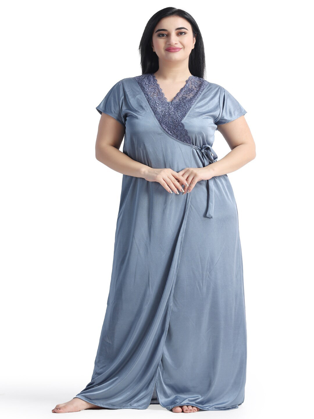 NIGHT KEYS Lace Detail Ruffled Maxi Satin Wrap Nightdress With Robe