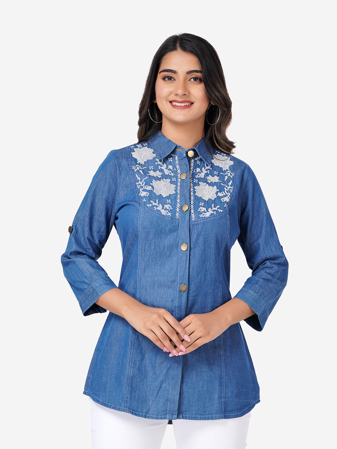 SUMAVI-FASHION Blue Roll-Up Sleeves Embroidered Regular Fit Casual Denim Shirt