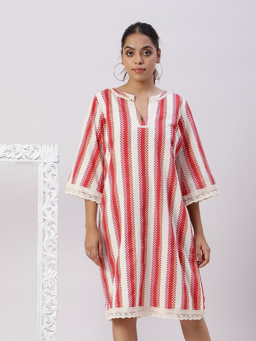 Spring Soul Striped Round Neck Lace Inserts Pure Cotton A-Line Dress