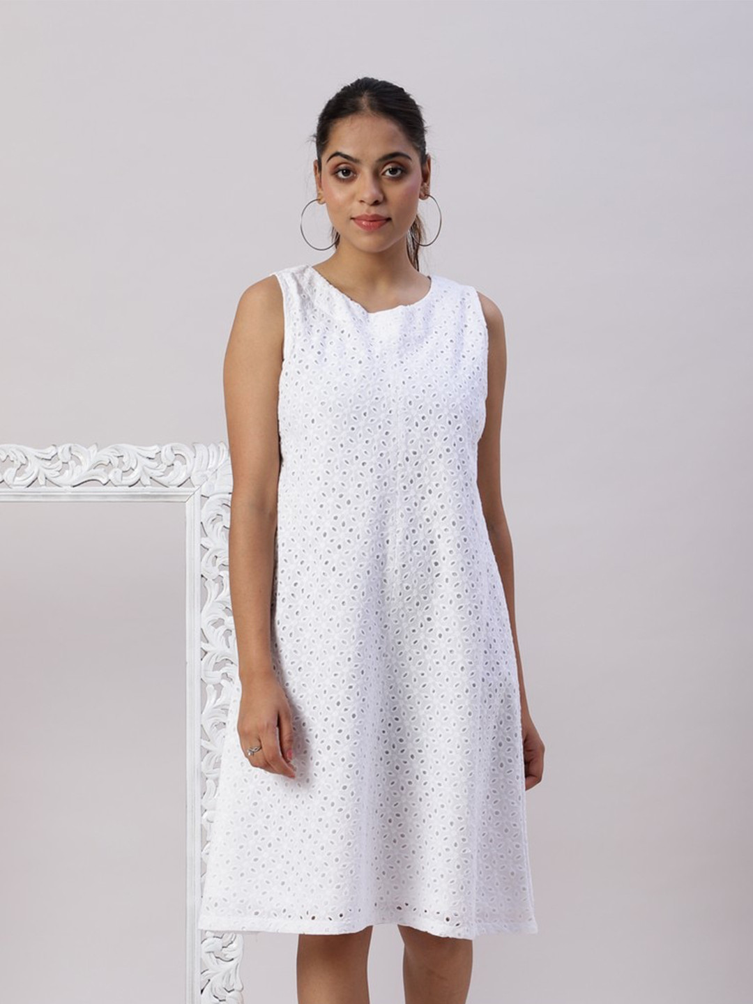 Spring Soul Schiffli Round Neck Cotton A-Line Mini Dress