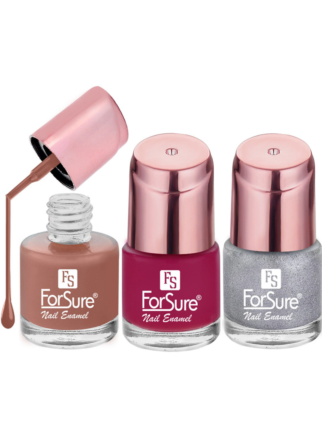 ForSure Rose Gold 3-Pcs Nail Paints - 8ml Each - Silver Sparkle - Nude Line - Hot Magenta