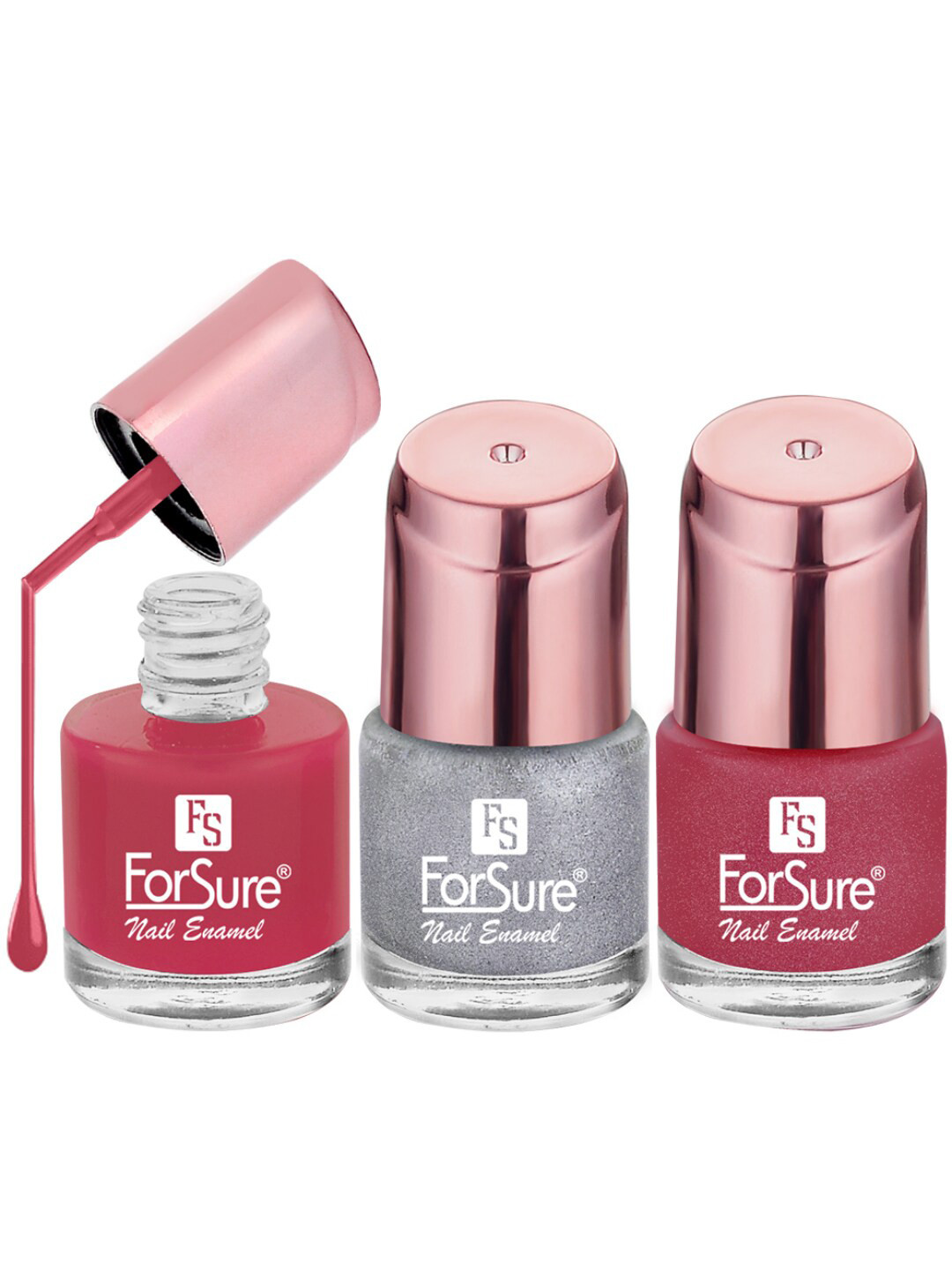 ForSure Rose Gold 3-Pcs Nail Paints - 8ml Each-Absolute Pink-Silver Sparkle-Intense Pink