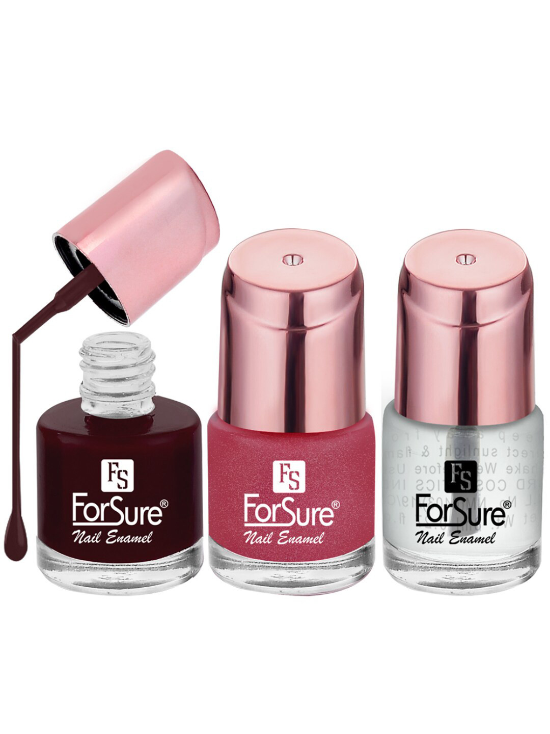 ForSure Rose Gold 3-Pcs Nail Paints - 8ml Each - Intense Pink - Maroon Wine - Transparent