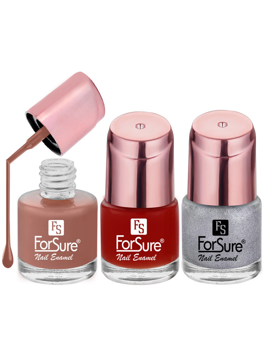 ForSure Rose Gold 3-Pcs Nail Paints - 8ml Each - Nude Line - Silver Sparkle -  Party Red