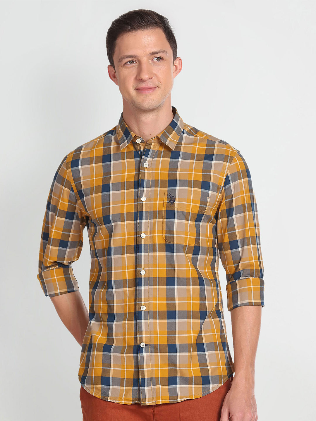 U S Polo Assn Denim Co Checked Printed Spread Collar Cotton Slim Fit Casual Shirt