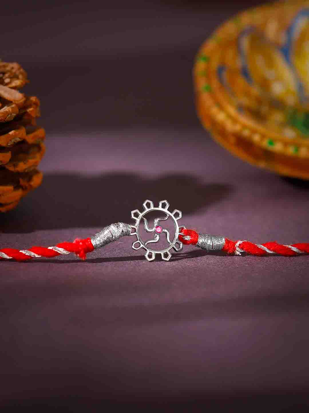 GIVA Silver-Plated 925 Sterling Silver Swastik Stone-Studded Rakhi with Roli Chawal