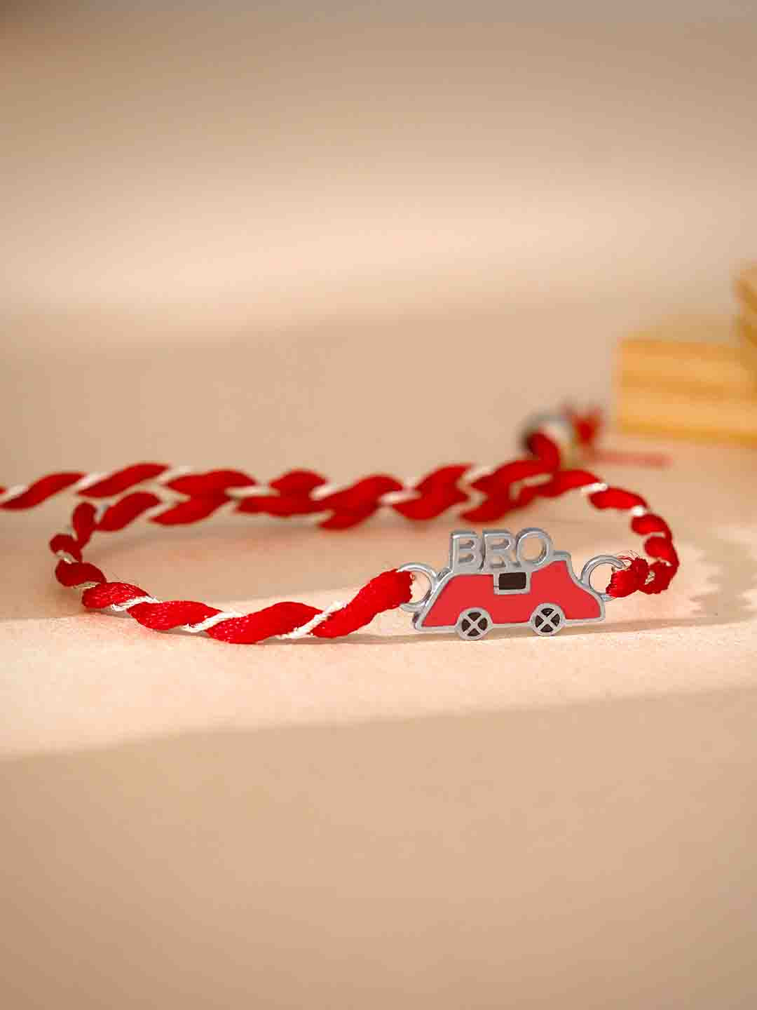 GIVA Boys 925 Sterling Silver Car-Shaped & BRO Word Rhodium-Plated Rakhi with Roli Chawal