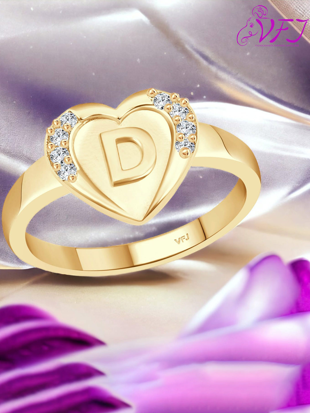Vighnaharta Gold-Plated Initial D Embossed Cubic Zirconia Studded Finger Ring