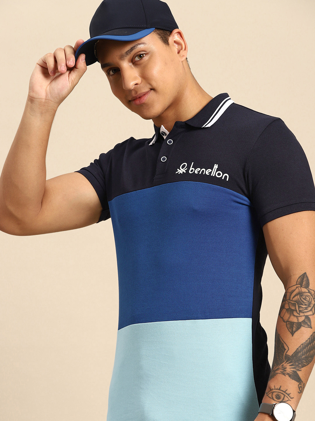 United Colors of Benetton Men Colourblocked Polo Collar Pure Cotton T-shirt