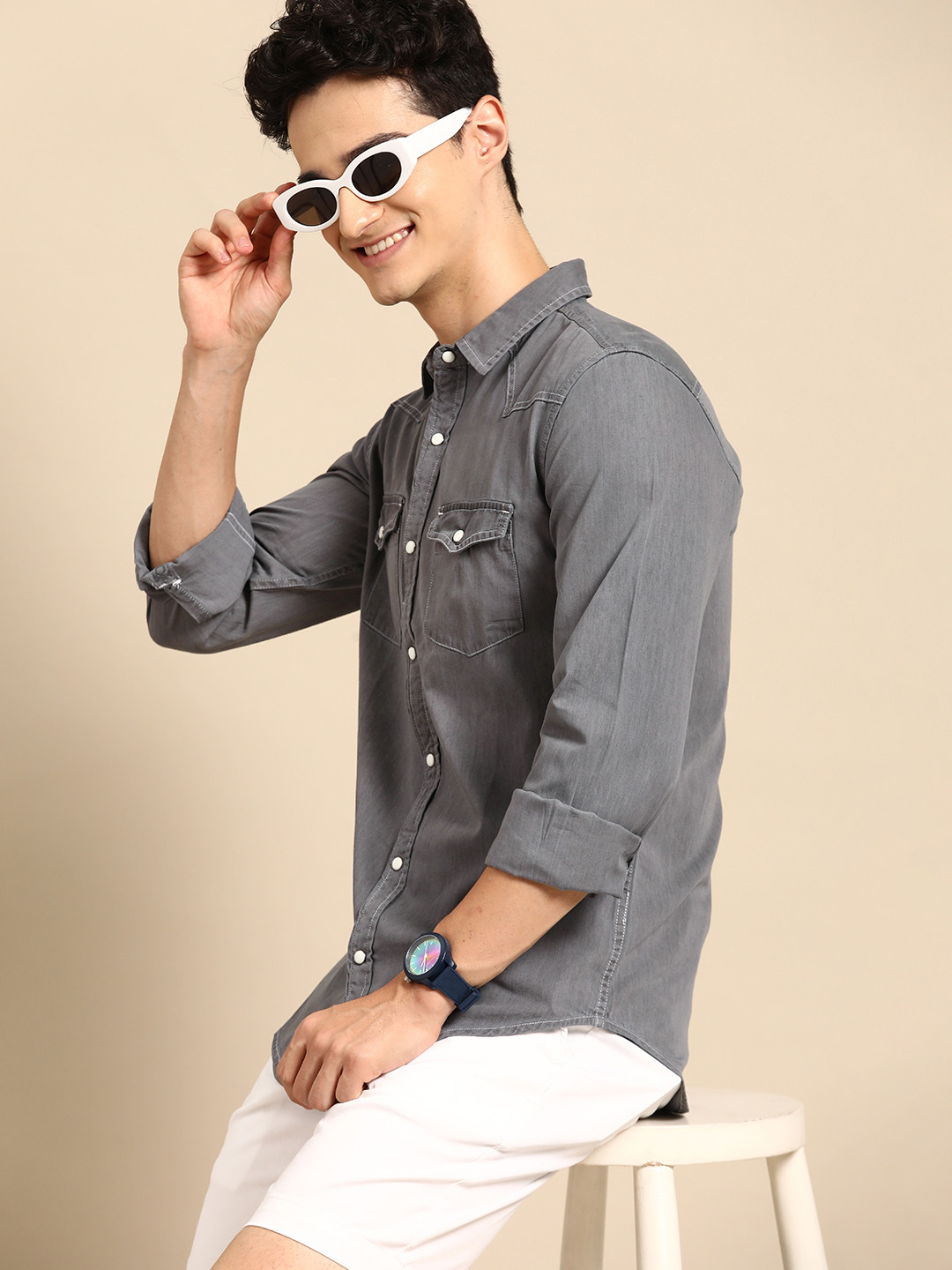 United Colors of Benetton Slim Fit Cotton Chambray Shirt