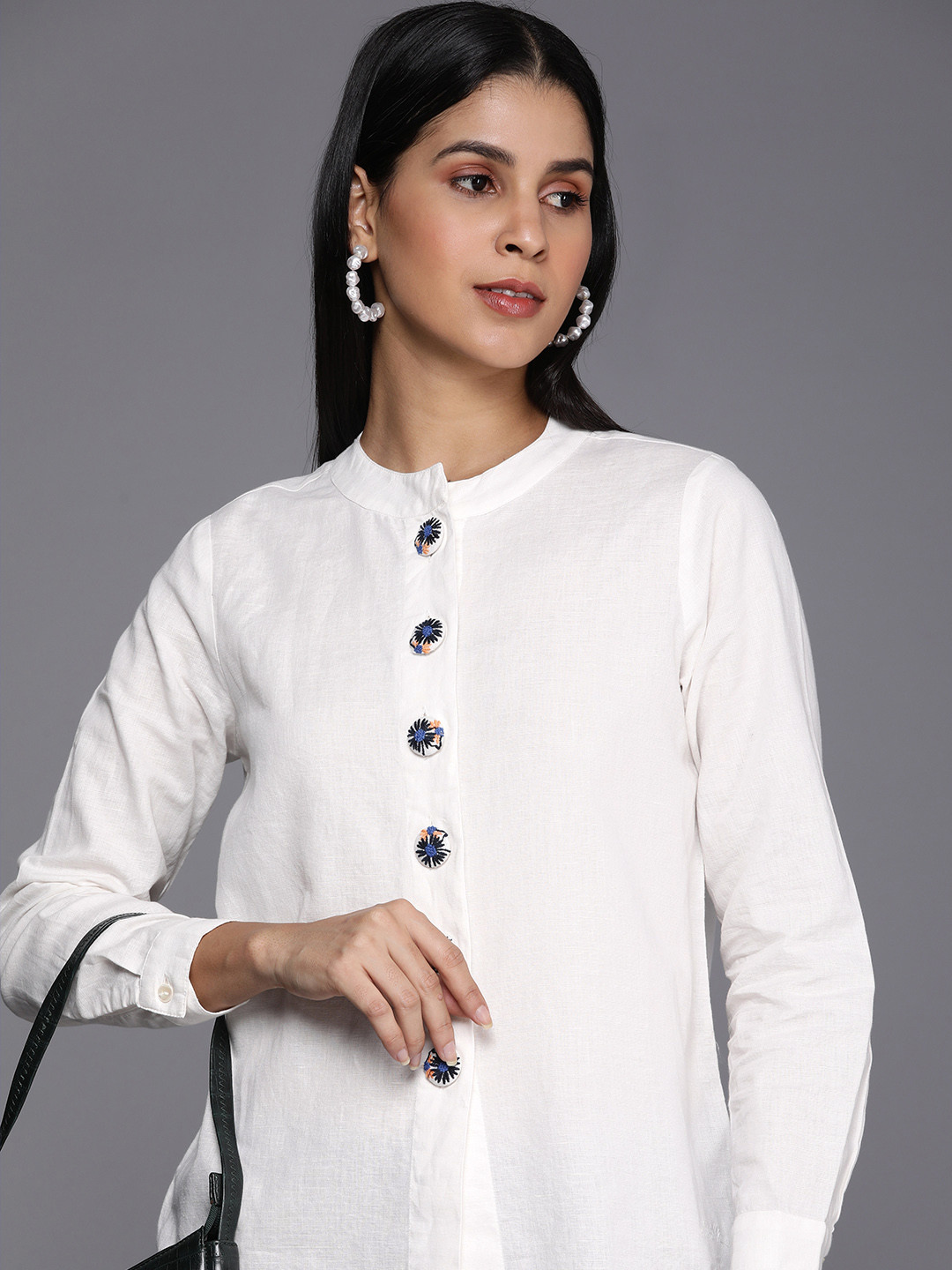 Allen Solly Woman Embroidered Button Detail Mandarin Collar Shirt Style Top