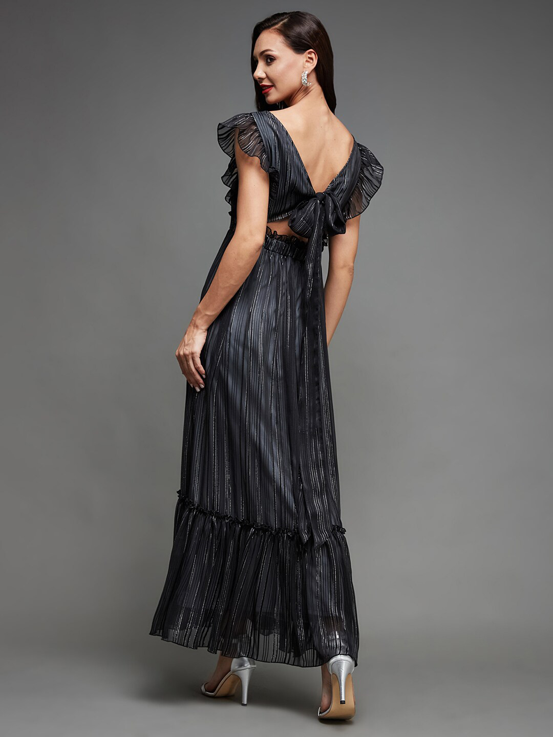 Miss Chase Striped Flutter Sleeve Gathered Or Pleated Georgette Maxi Dress