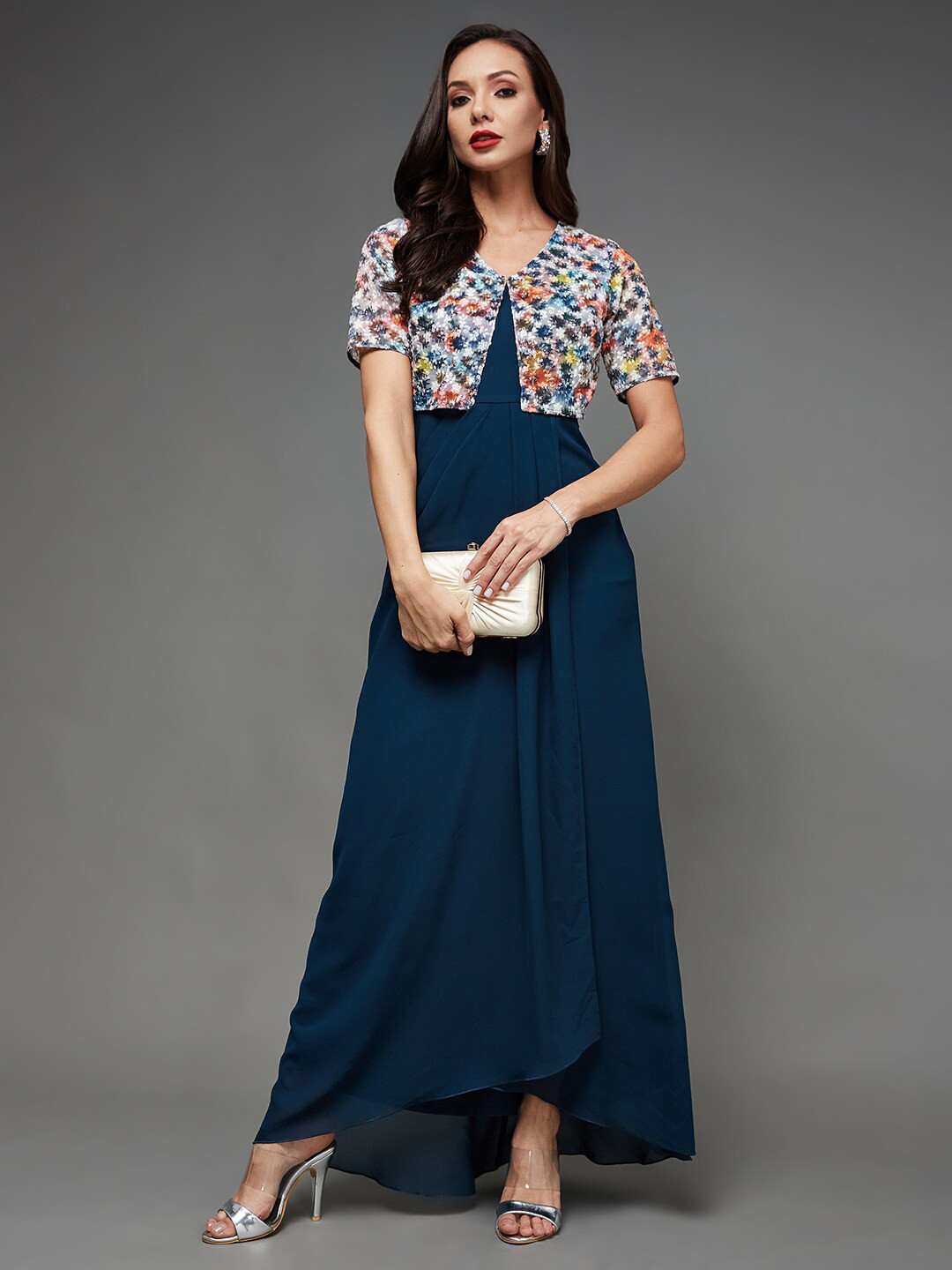 Miss Chase Floral Embroidered Layered Georgette Maxi Dress