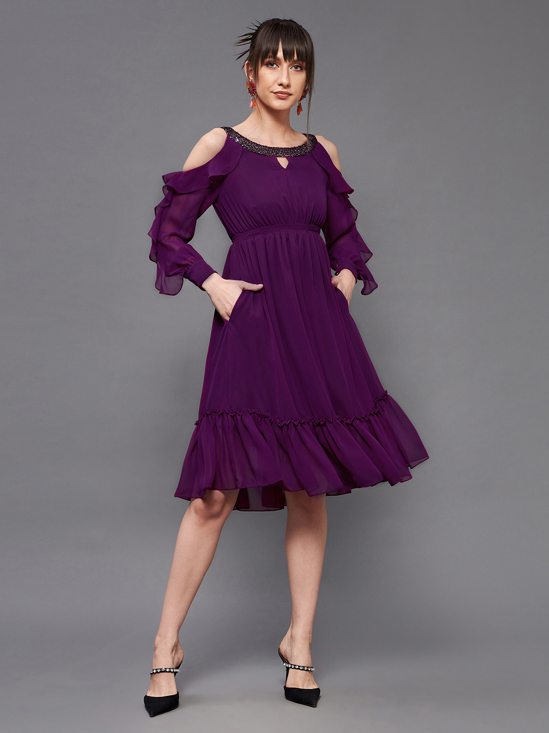 Miss Chase Keyhole Neck Cold Shoulder Gathered Or Pleated Empire Dress