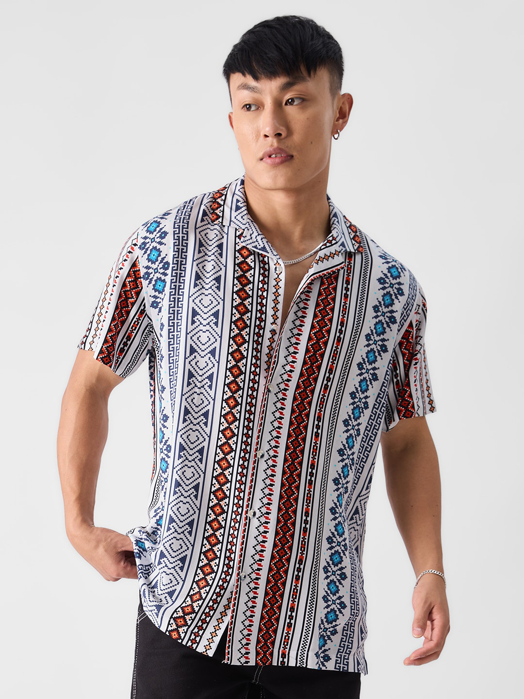 The Souled Store White Relaxed Aztec Printed Spread Collar Regular Fit Cotton Casual Shirt