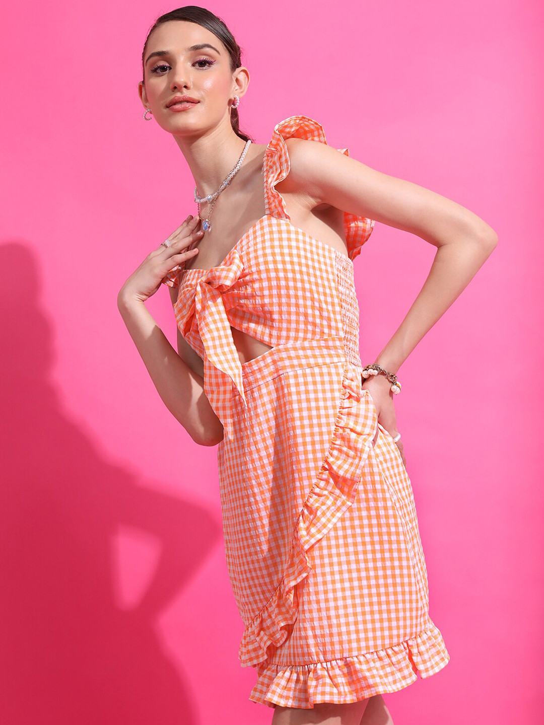 Tokyo Talkies Orange Checked Cut-Out Smocked Bow  Fit & Flare Dress