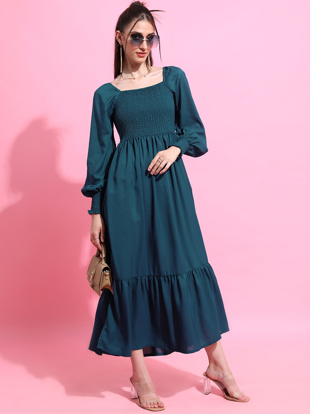 Tokyo Talkies Teal Green Square Neck Puffed Sleeves Fit & Flare Maxi Dress