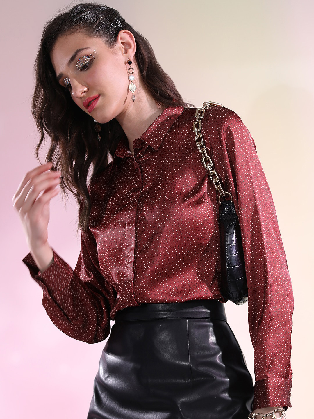 Tokyo Talkies Red Micro Ditsy Printed Satin Casual Shirt