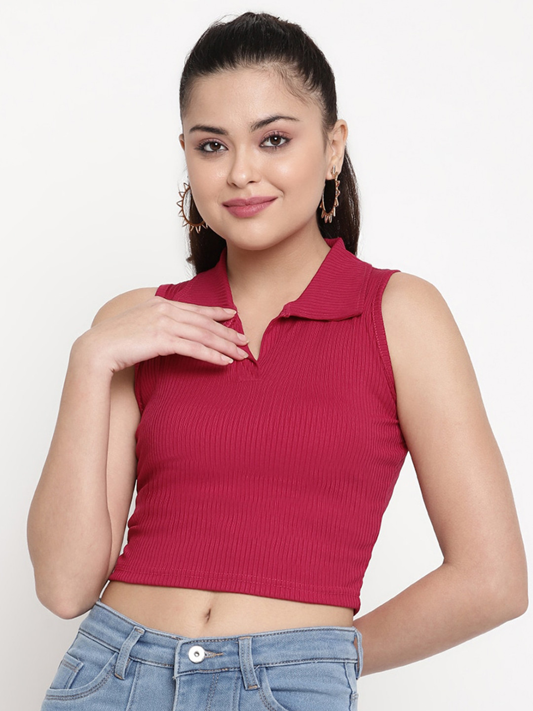 BAESD Collared Neck Sleeveless Ribbed  Shirt Style Crop Top