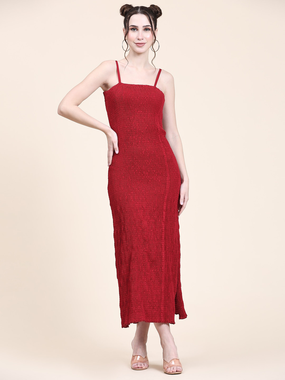 BAESD Shoulder Straps Smocked Detail Silk Sheath Midi Dress