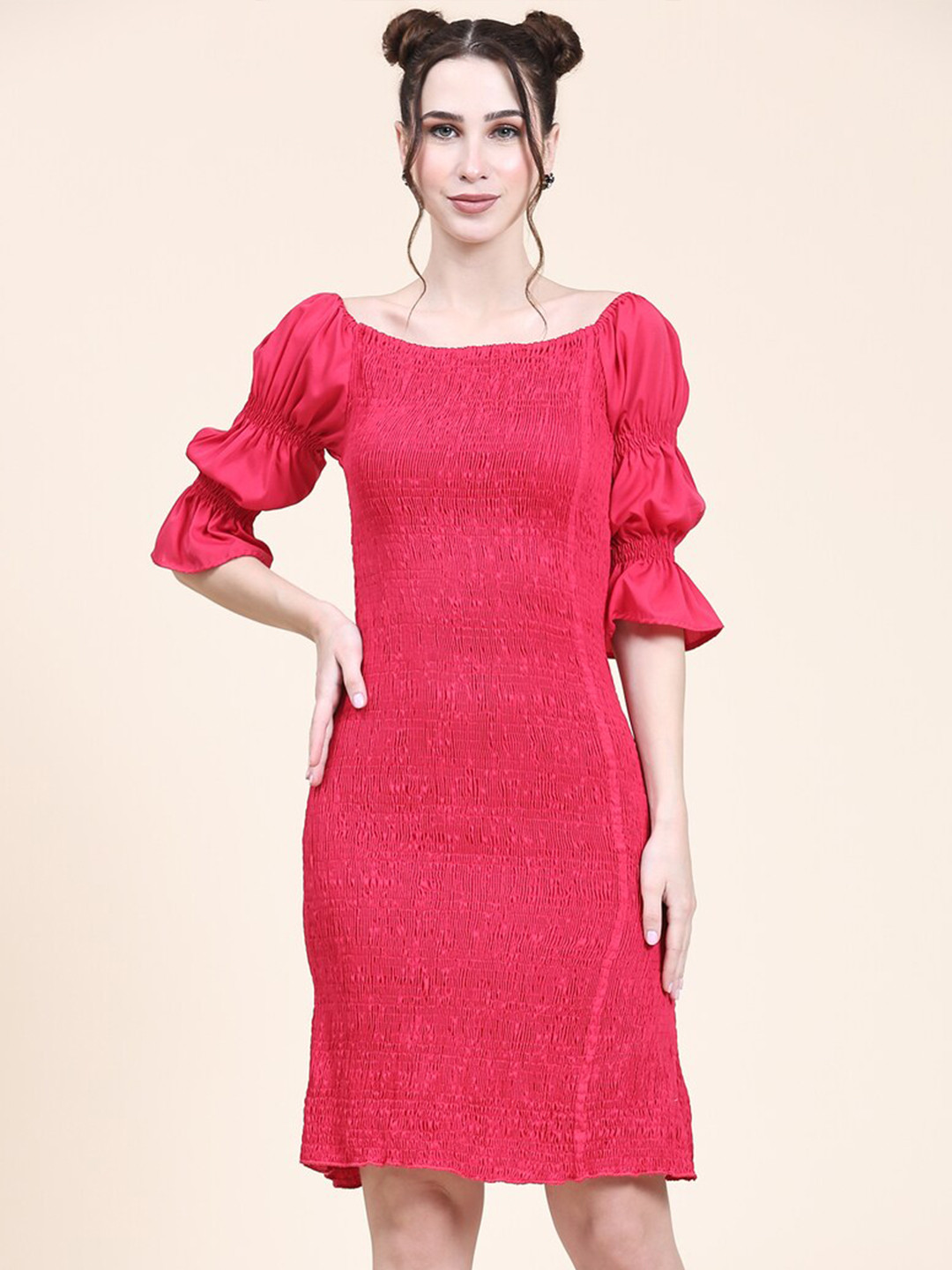 BAESD Square Neck Puff Sleeves Smocked Detail Silk Sheath Dress