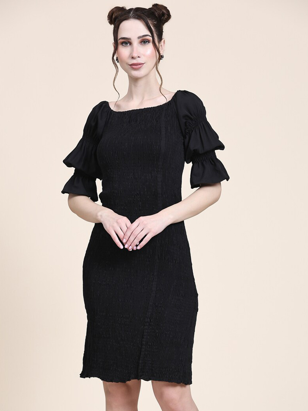 BAESD Square Neck Puff Sleeves Smocked Detail Silk Sheath Dress