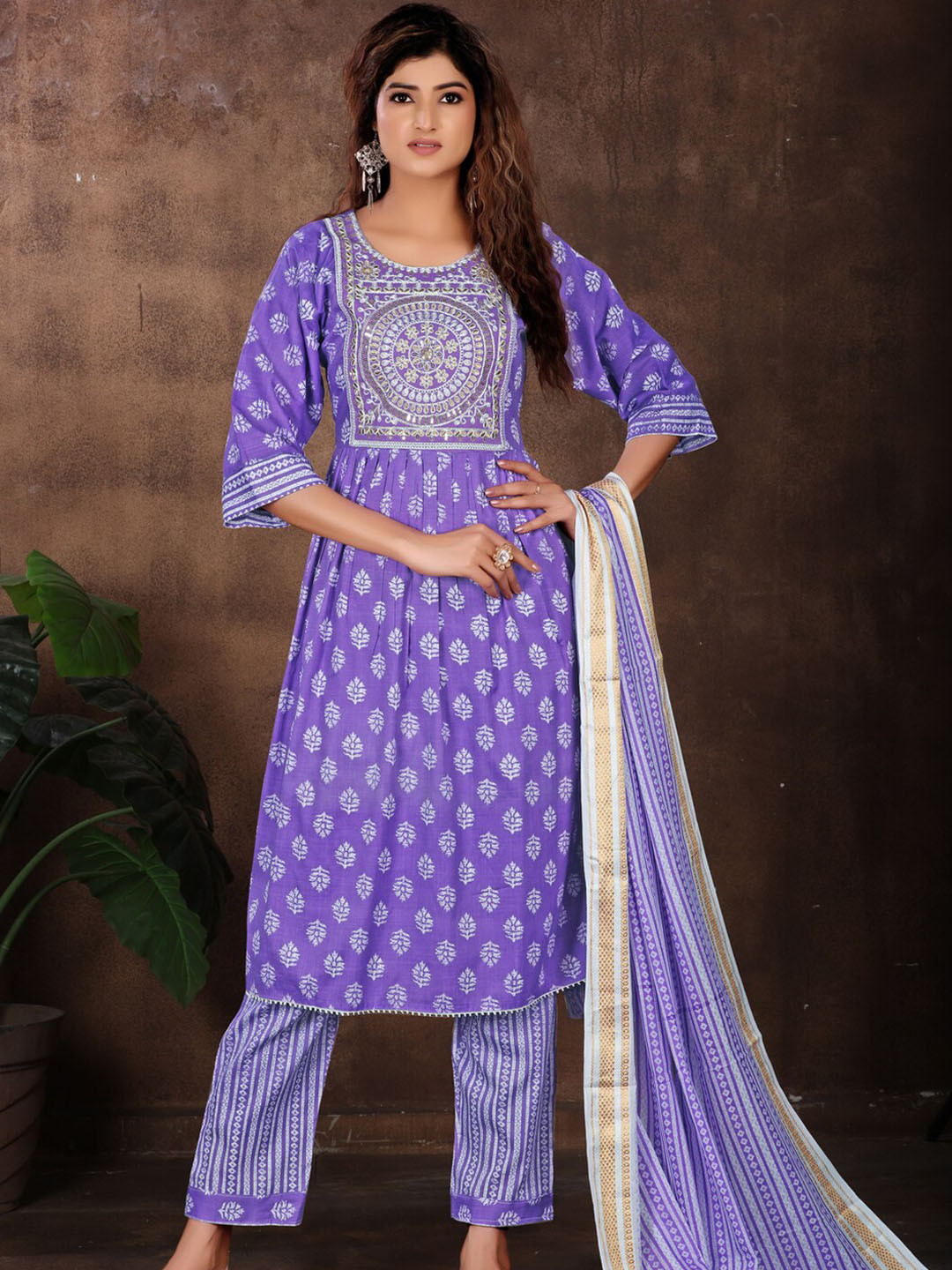 KALINI Floral Printed Yoke Design Pleated Thread Work Kurta Set With Dupatta