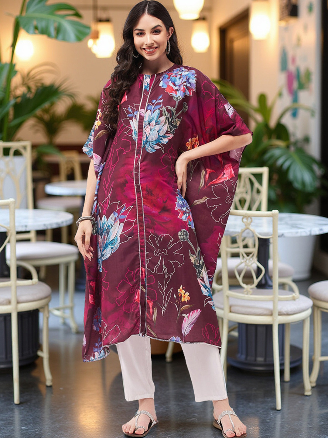 Pannkh Floral Printed Flared Sleeve Gotta Patti Kaftan Kurta
