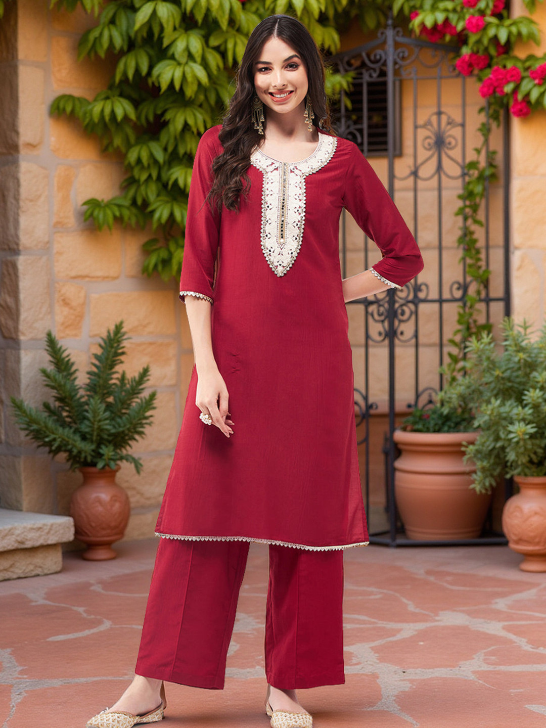 Pannkh Yoke Design Three-Quarter Sleeves Thread Work Kurta