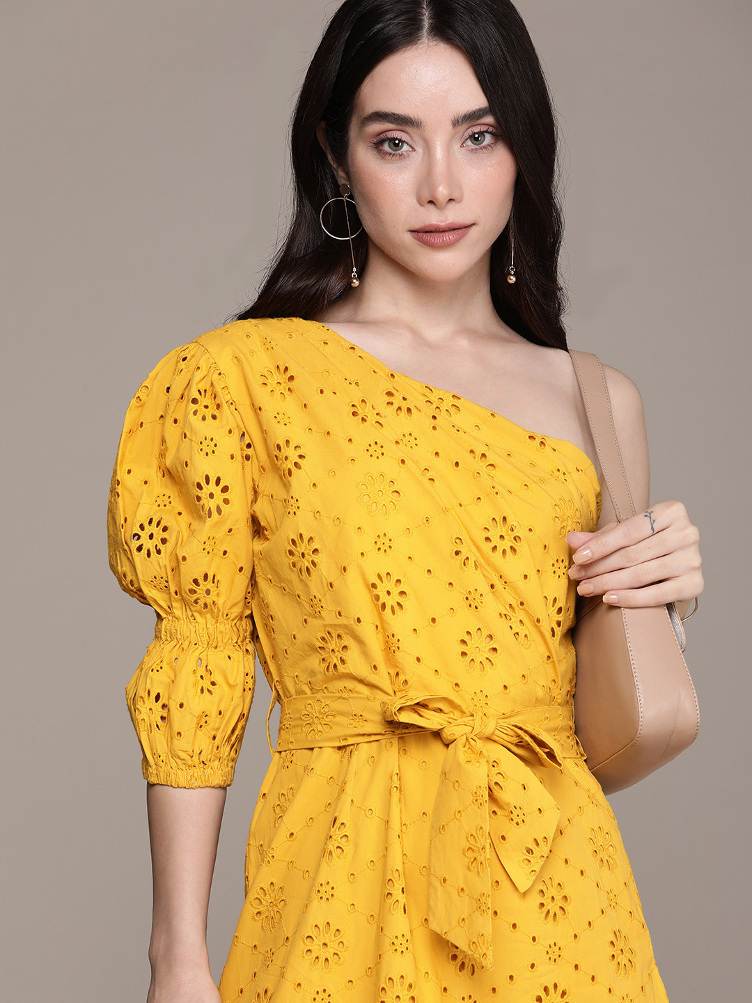 bebe Pure Cotton Schiffli One Shoulder Puff Sleeve Fit & Flare Midi Dress