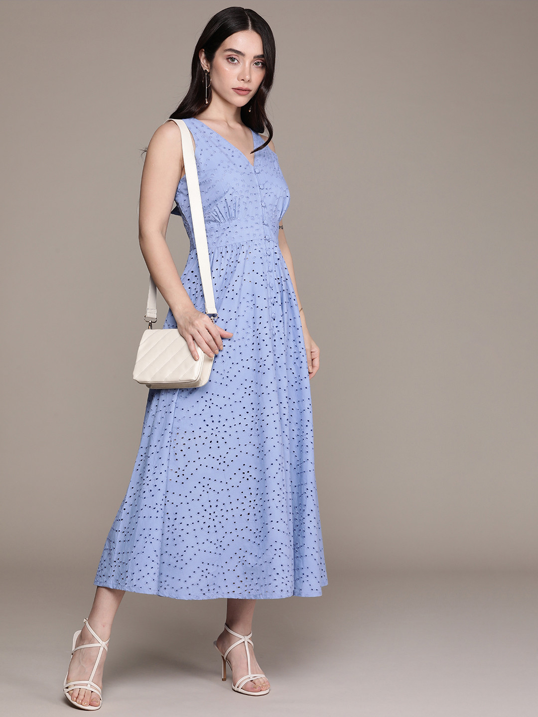 bebe V-Neck Fit & Flare Schiffli Detail Pure Cotton Midi Dress With Shorts