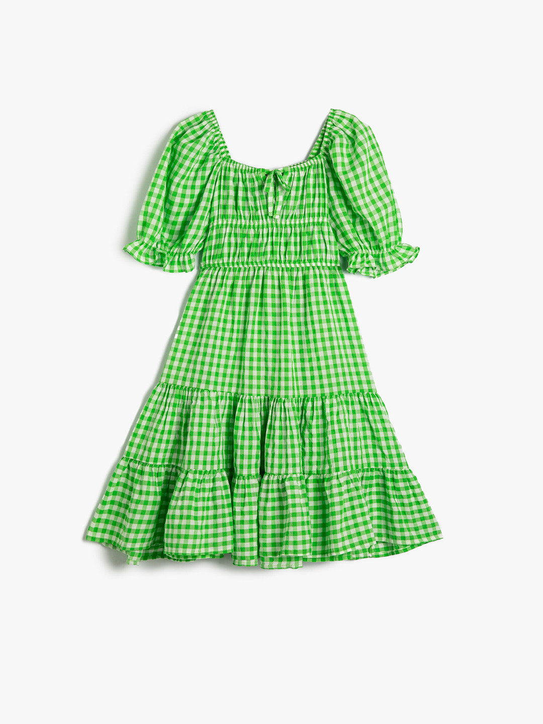 Koton Girls Checked Puff Sleeves Gathered Detailed Fit & Flare Dress