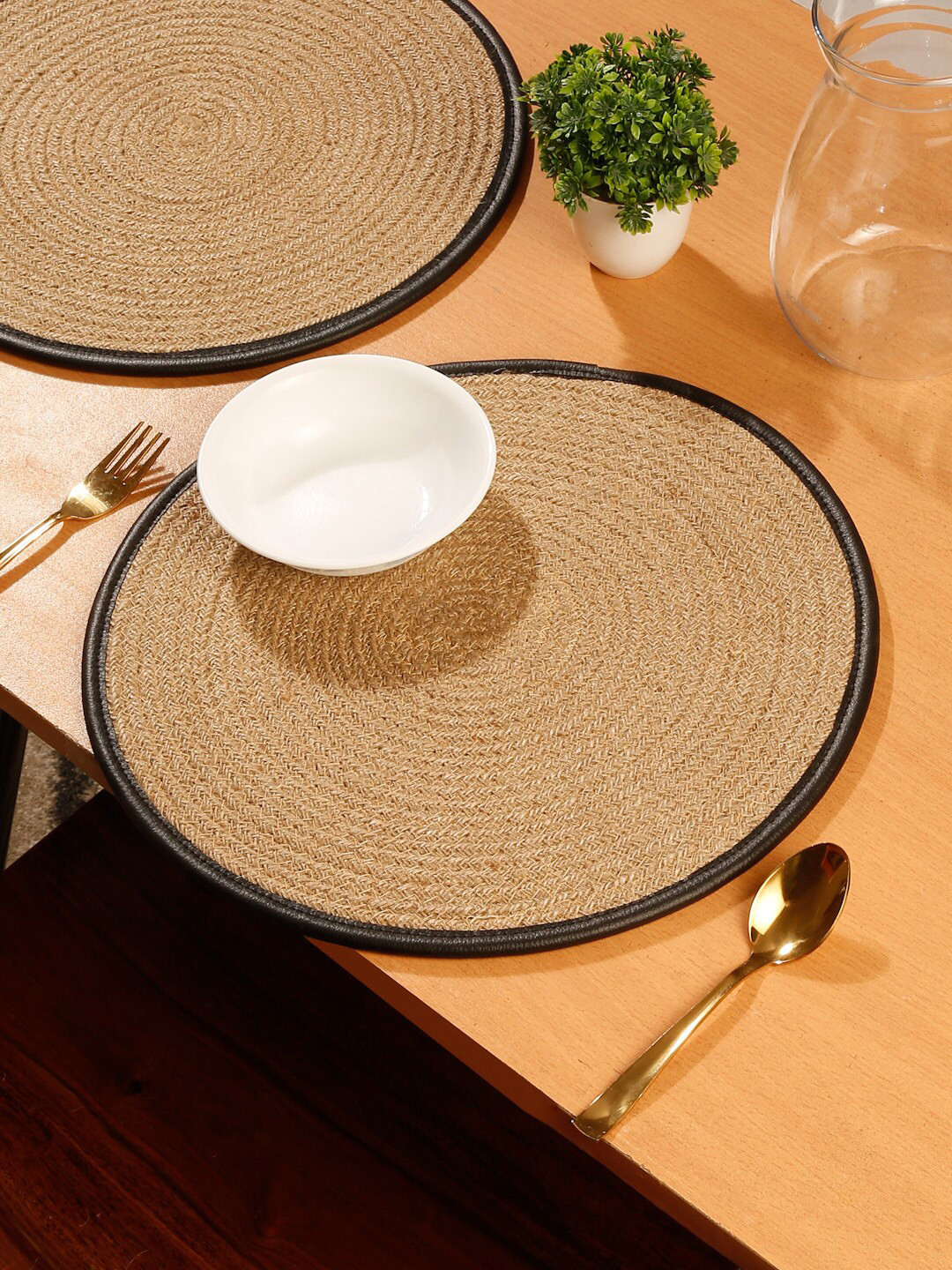HOSTA HOMES Beige & Black Leather Bounderied Jute Reversible Table Place Mat