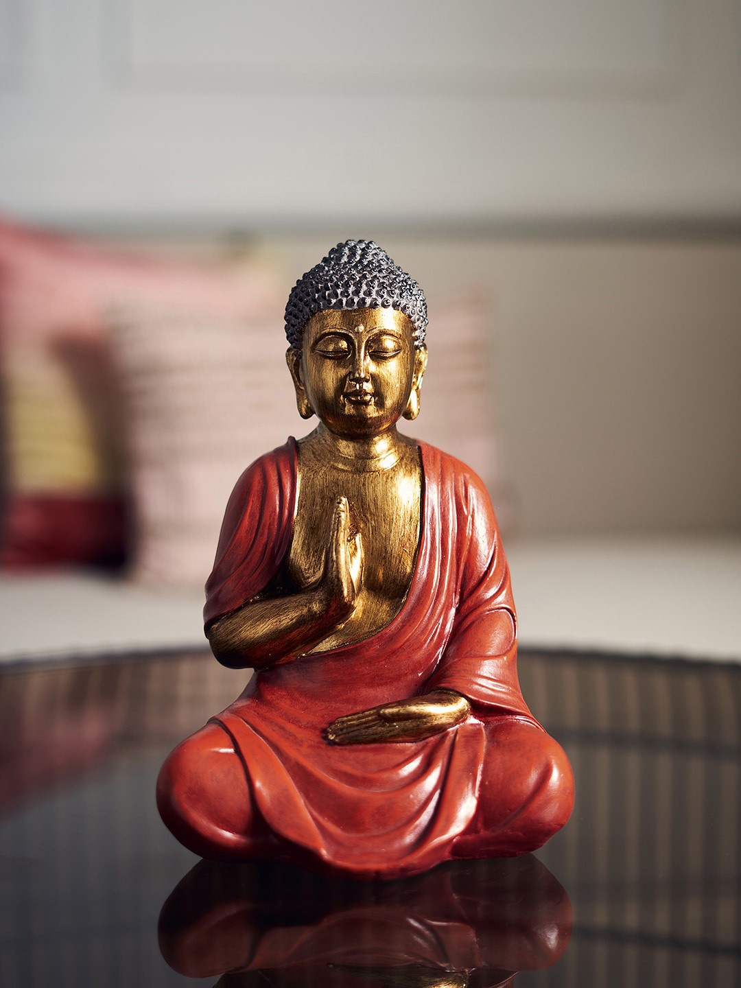 Pure Home and Living Sitting Buddha Red Polyresin Glossy Home Office Small Showpiece - 9.1 Inches