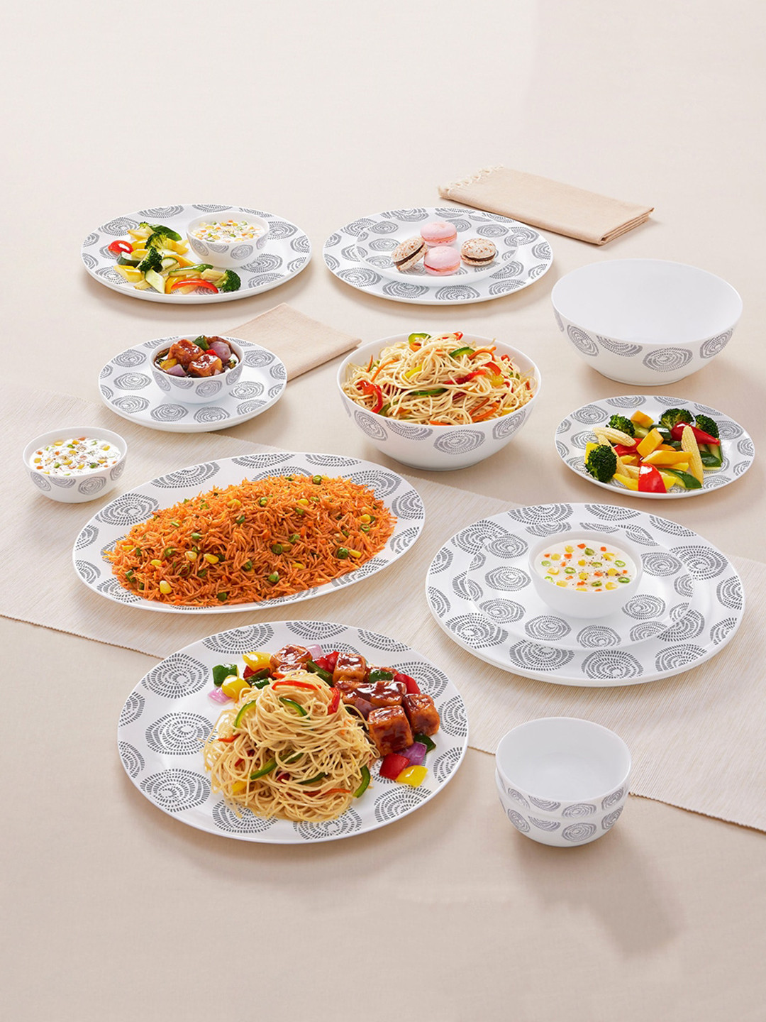 Larah by BOROSIL Moon Moonbeam Opalware White Geometric Opalware Microwave Safe 21 Piece Dinner Set