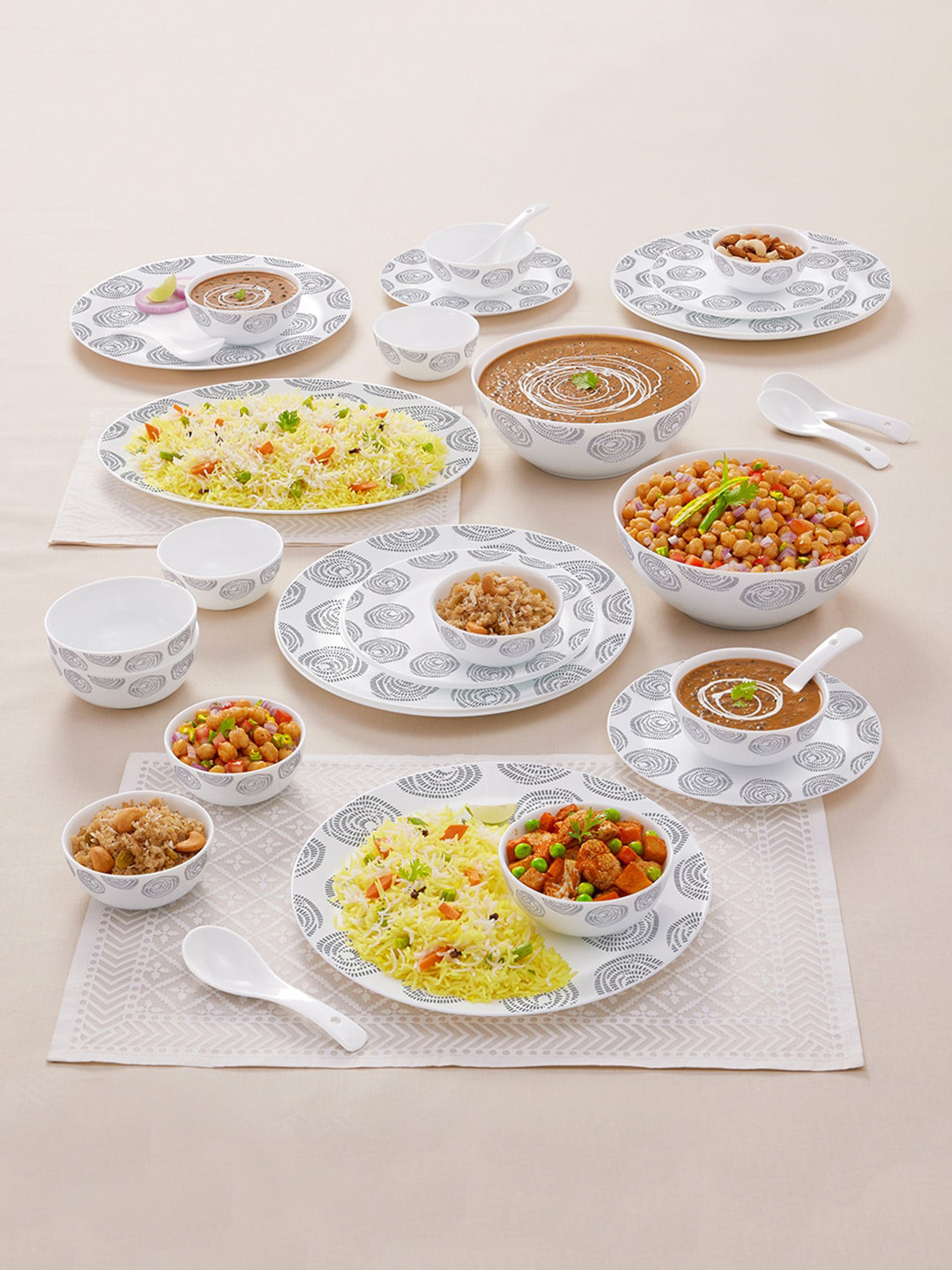 Larah by BOROSIL Moon Moonbeam White Geometric Opalware Microwave Safe 33 Piece Dinner Set