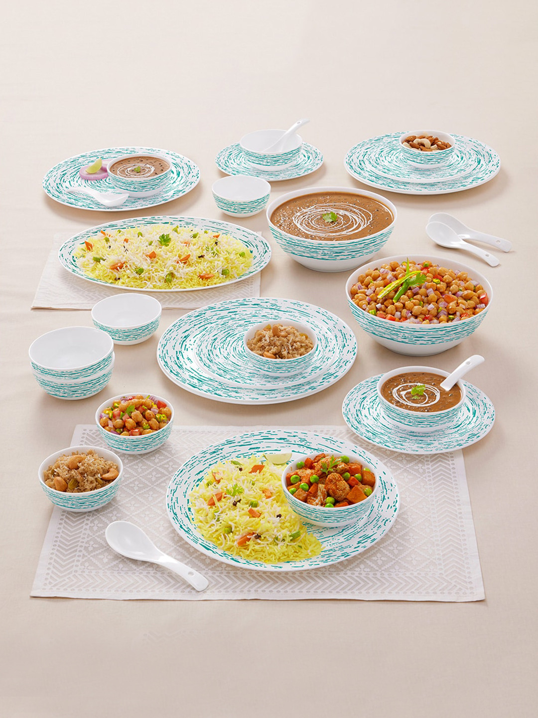 Larah by BOROSIL Moon Blue Nova White Abstract Opalware Dishwasher and Microwave Safe 33 Piece Dinner Set