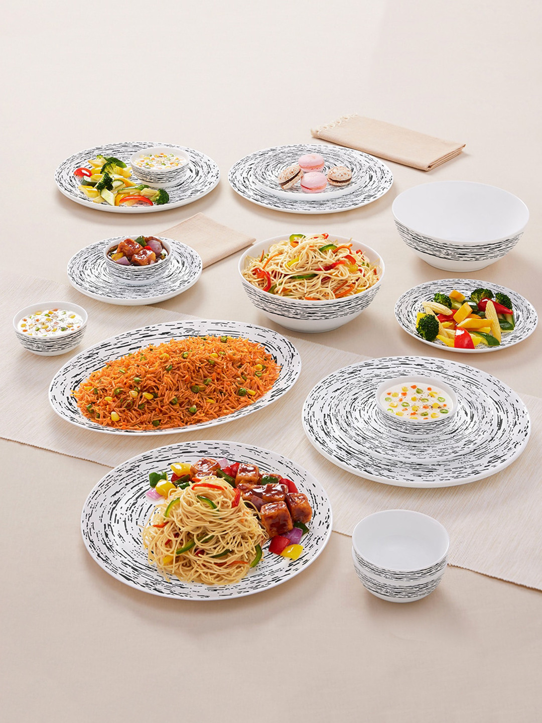 Larah by BOROSIL Moon Milky Way White Abstract Opalware Dishwasher and Microwave Safe 21 Piece Dinner Set