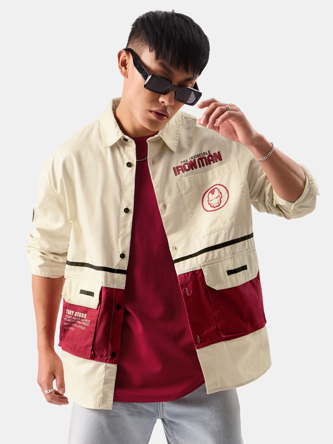 The Souled Store Cream The Invincible Iron Man Printed SpreadCollar Cotton Oversized Shirt