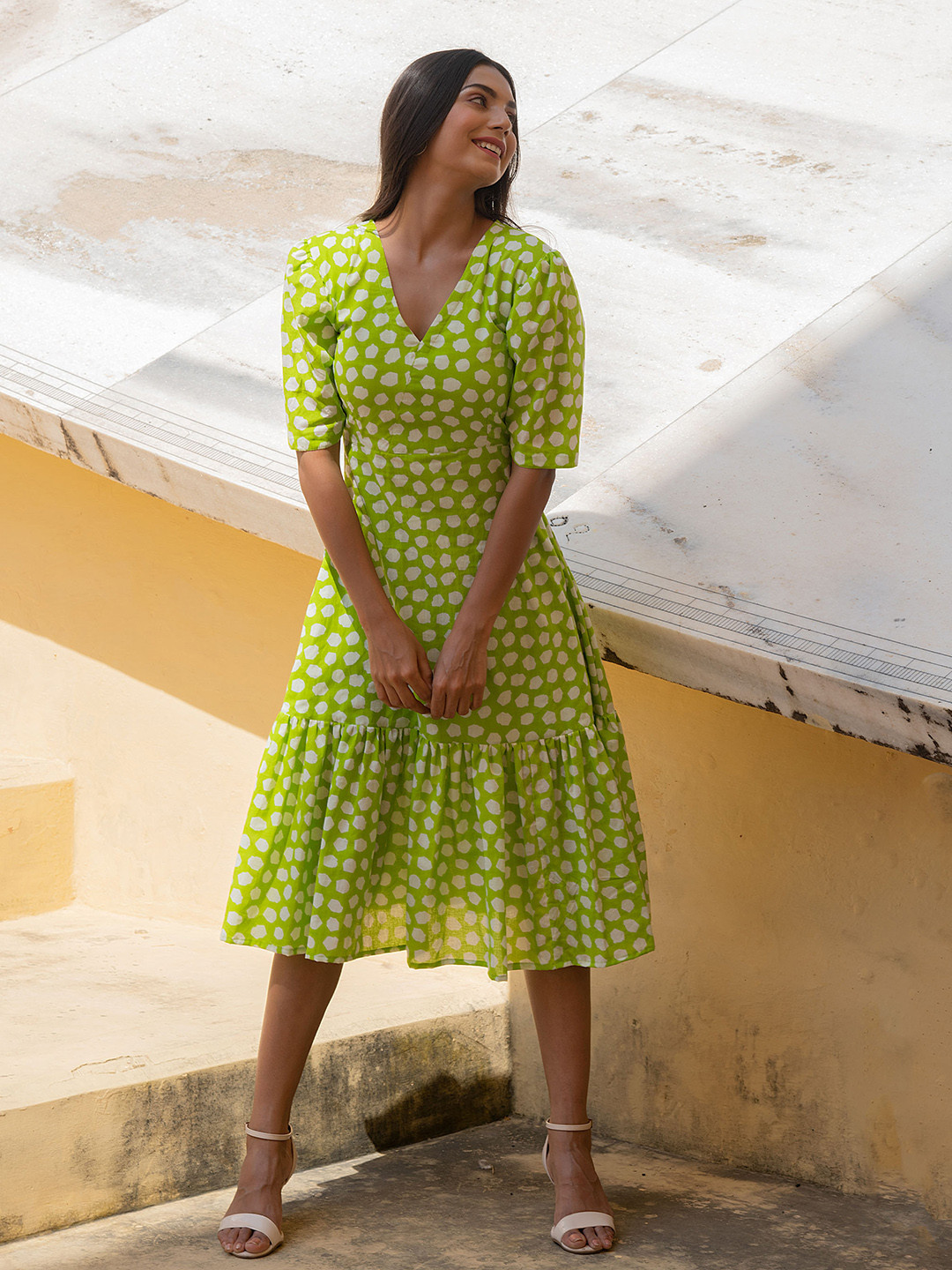 KAORI BY SHREYA AGARWAL Abstract Printed V-Neck Cotton A-Line Midi Dress