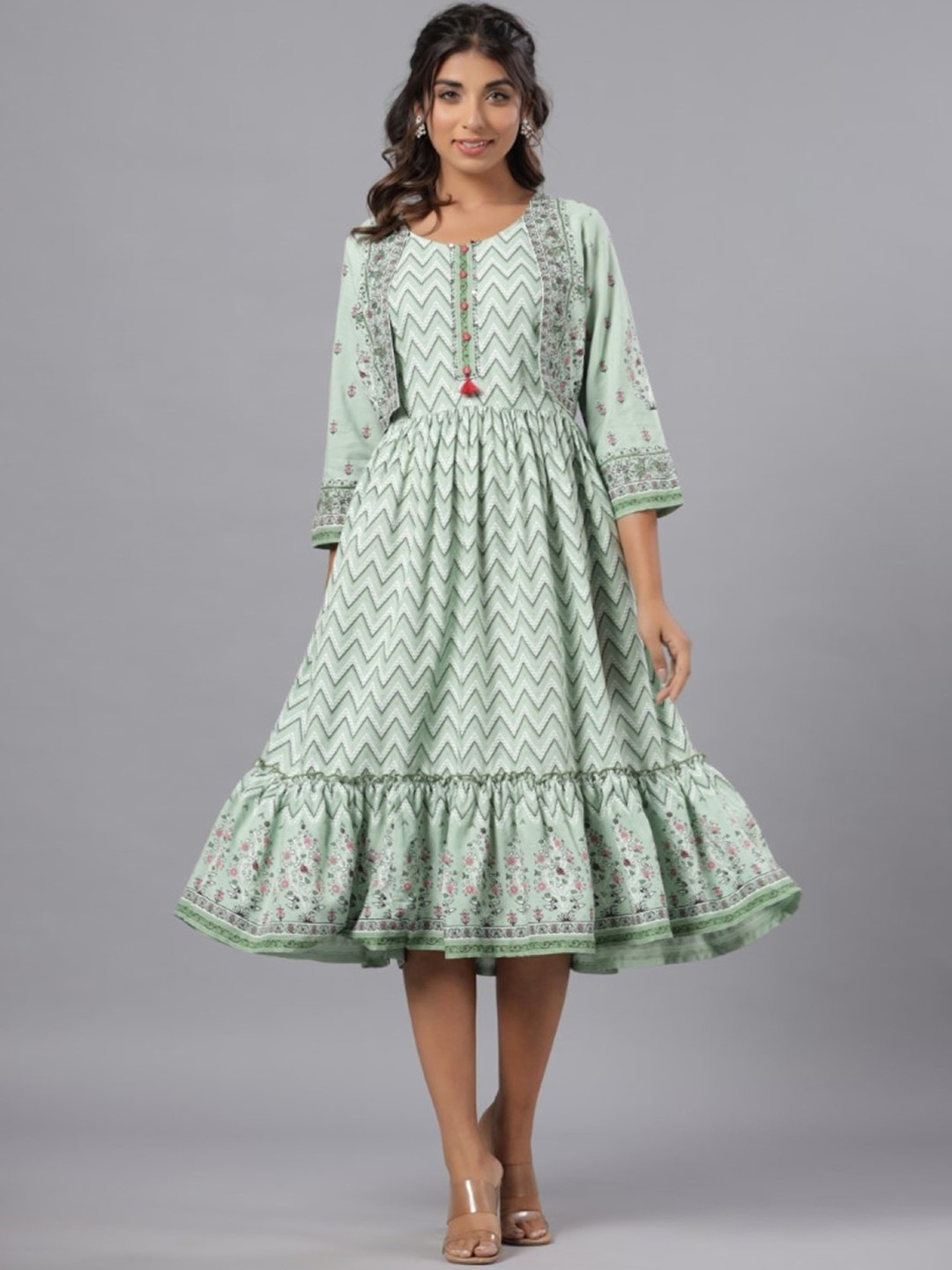 Juniper Chevron Printed Fit and Flare Midi Ethnic Dresses With Short Jacket