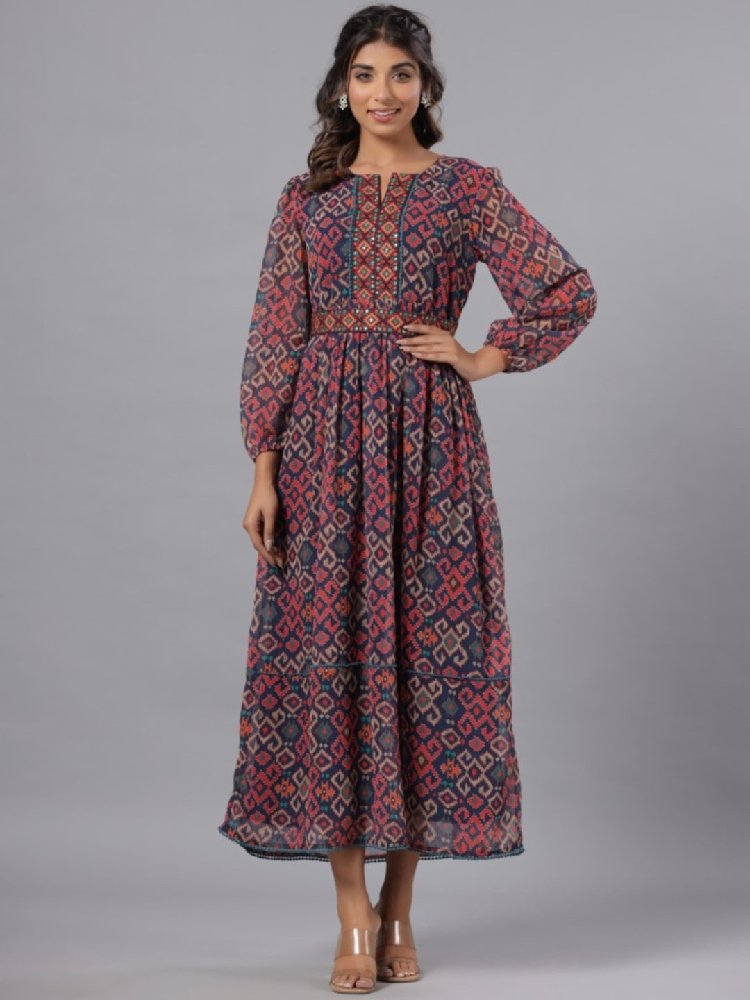 Juniper Geometric Printed Puff Sleeves Maxi Ethnic Dresses With Matching Belt