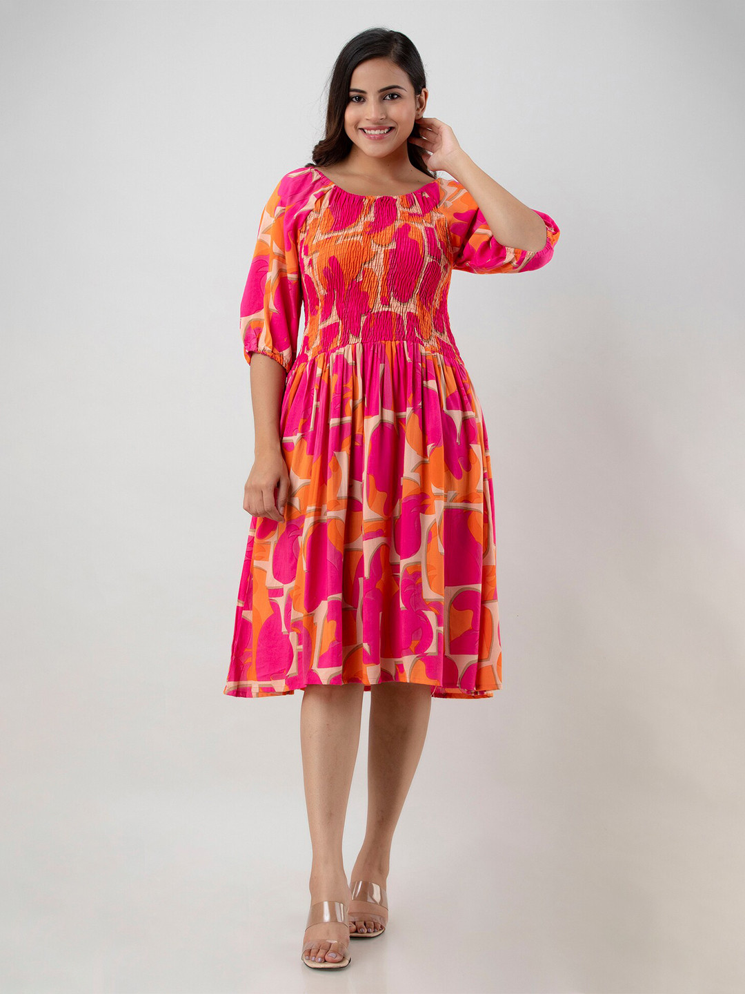 BAESD Abstract Printed Round Neck Puff Sleeve Smocked Fit & Flare Midi Dress
