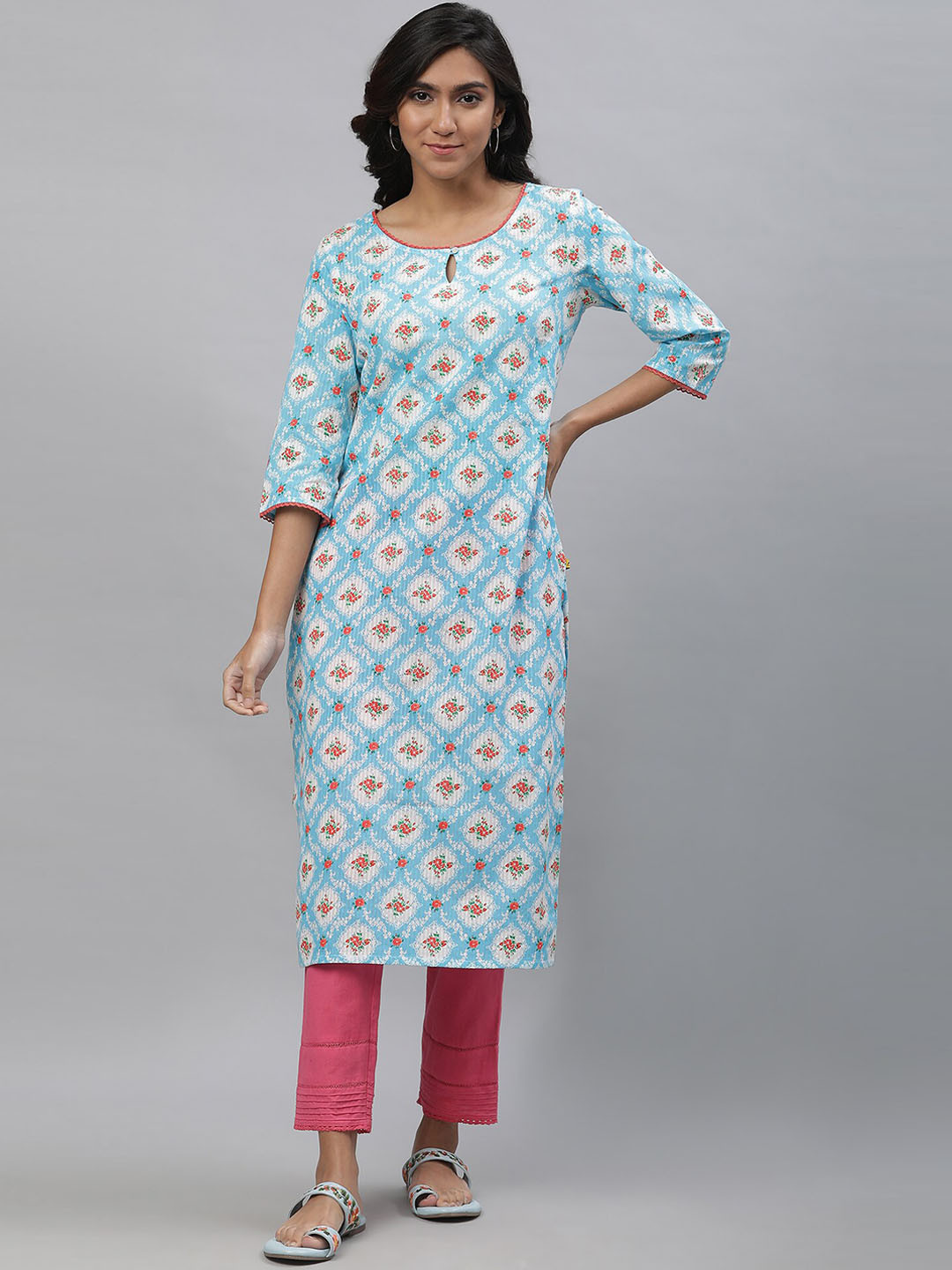 AURELIA Floral Printed Keyhole Neck Lace-Insert Straight Pure Cotton  Kurta