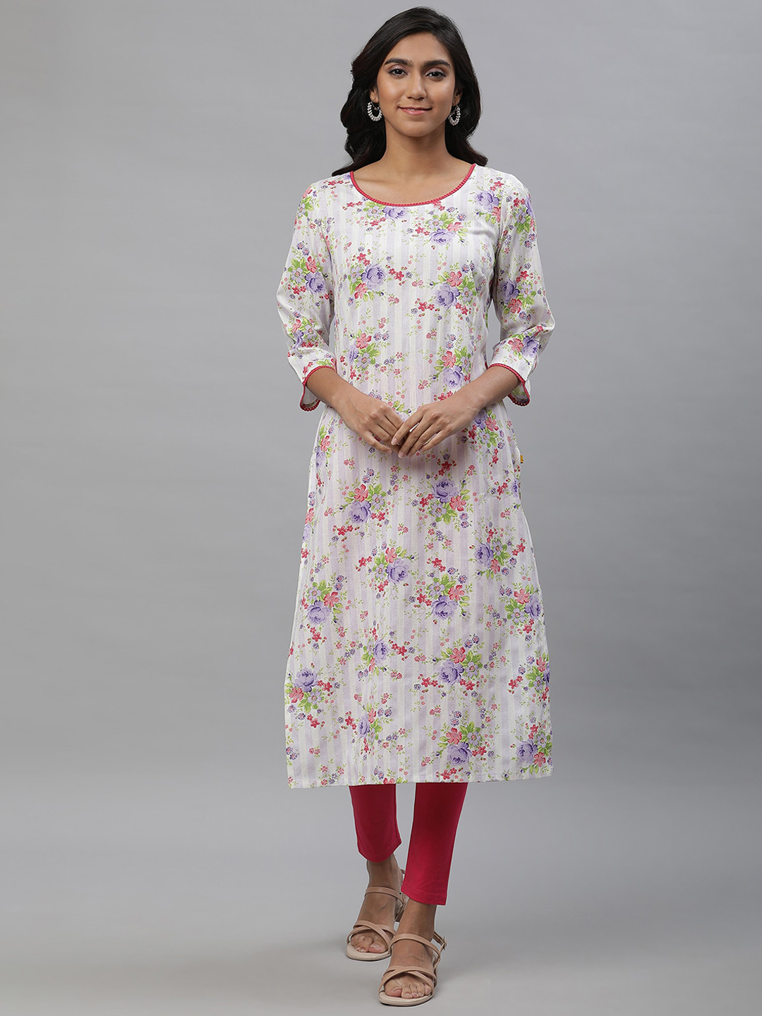 AURELIA  Floral Printed Lace Insert Round Neck Pure Cotton Kurta