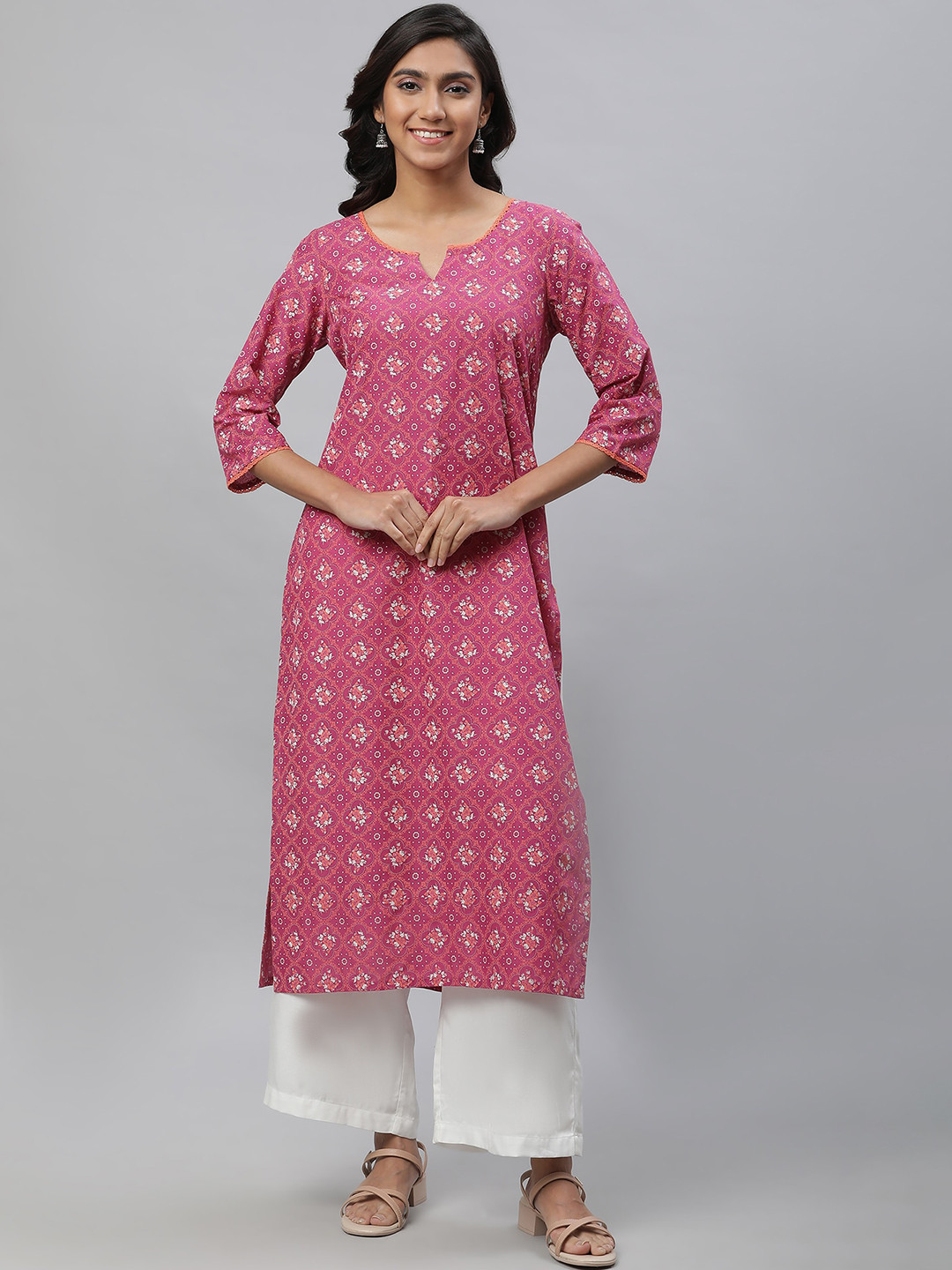 AURELIA  Ethnic Motifs Printed  Lace Insert Notched Neck Pure Cotton Kurta