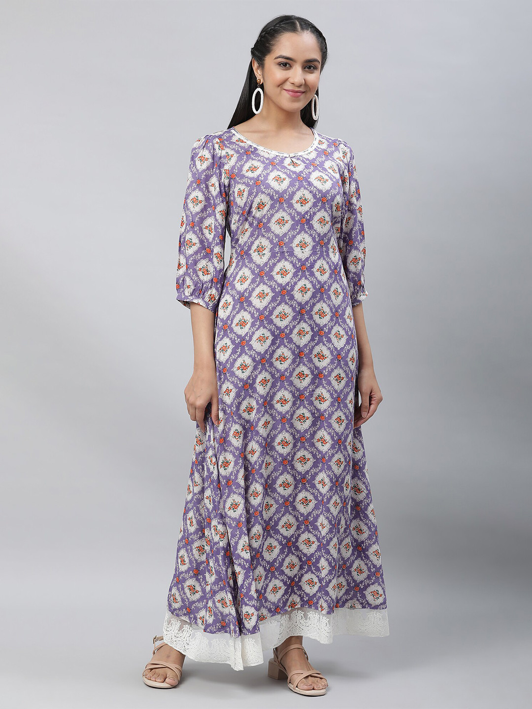 AURELIA Floral Printed Keyhole Neck Puff Sleeve Lace Inserts A-Line Maxi Dress