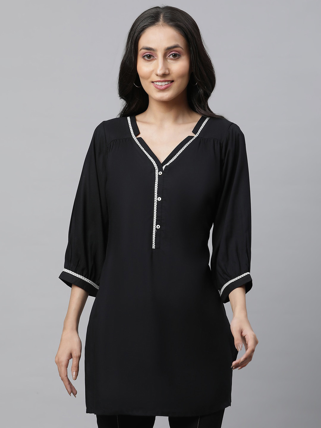 AURELIA V-Neck Puff Sleeves Straight Kurti